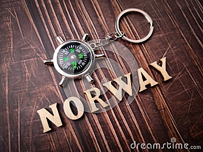 Top view compass and wooden word with text NORWAY Stock Photo