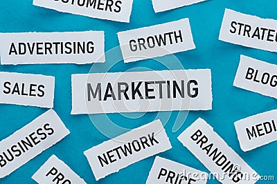 Top view of components of marketing on pieces of paper on blue . Stock Photo