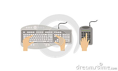 Top View of Computer Keyboard and Hands of User Set Vector Illustration Vector Illustration