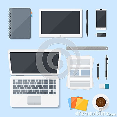 Top view Computer Laptop vector design on desk, Workplace with mobile devices Vector Illustration