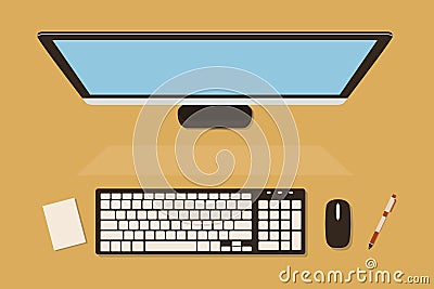 Top view of computer screen with keyboard on the desk, vector illustration Vector Illustration