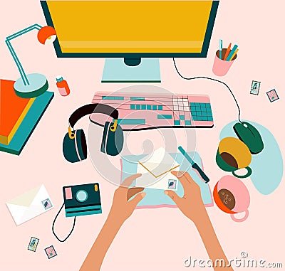 Top view concept of creative hand drawn home workspace.Hands opening mail,holding a stamped envelope.Computer with keyboard,mouse, Vector Illustration