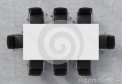 Top view of a conference room. A white rectangular table and eight black leather chairs around. 3D interior. Stock Photo