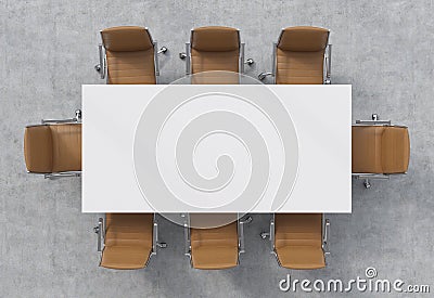 Top view of a conference room. A white rectangular table and eight brown leather chairs around. 3D interior. Stock Photo