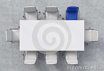 Top View of a conference room. A white rectangular table and eight chairs around, one of them is blue. Office interior. 3D Stock Photo