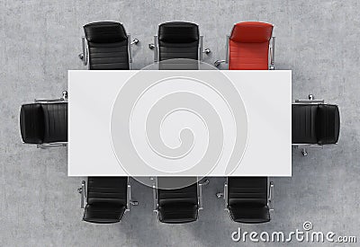 Top view of a conference room. A white rectangular table and eight chairs around, one of them is red. 3D rendering. Stock Photo