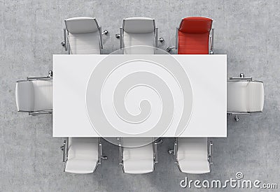 Top View of a conference room. A white rectangular table and eight chairs around, one of them is red. Office interior. 3D Stock Photo