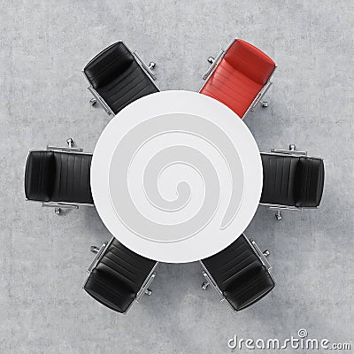 Top view of a conference room. A white round table and six chairs around, one of them is red. Office interior. 3D rendering. Stock Photo