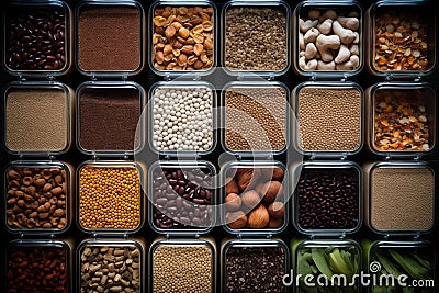 Top view of containers filled with a variety of grains and legumes. The organization and storage in a kitchen in containers Stock Photo