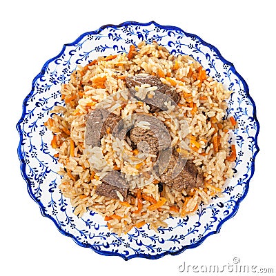 top view of cooked plov on local ceramic plate Stock Photo