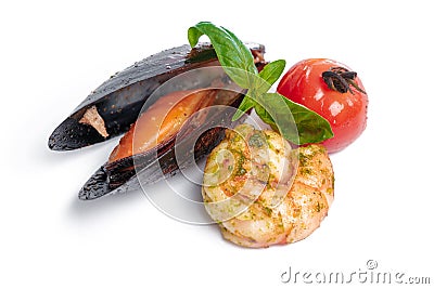 Top view of cooked seafood isolated on white background Stock Photo