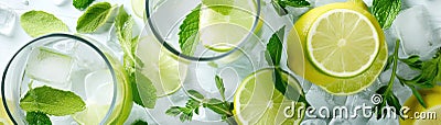 Top View Cool Mintinfused Iced Water With Lime Slices Banner Background. Generative AI Stock Photo