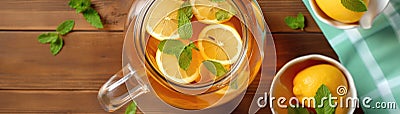 Top View Cooling Peppermint Iced Tea In A Jug Banner Background. Generative AI Stock Photo