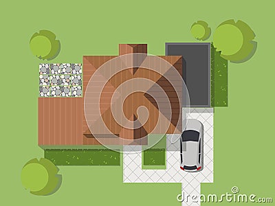 Top view of a country with house, courtyard, lawn and garage. Top view of a house. Vector illustration. Vector Illustration