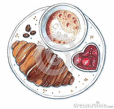 Top view of a croissant, a mug of coffee and a vase of raspberry jam Stock Photo