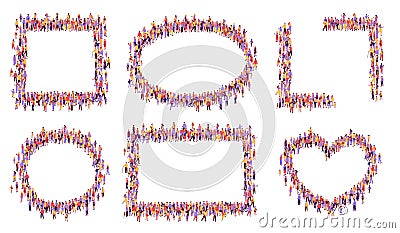 Top view crowd frames. Community unity frame with diverse group of people forming square, oval, circle, rectangle and heart shape Vector Illustration