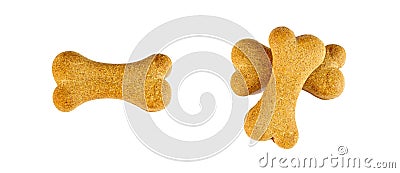 Top view of crunchy brown bone shaped dog biscuit as a treat set isolated on white background close up. Stock Photo