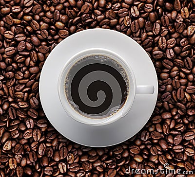 Top view of cup of hot coffee on roast coffee bean. Bird eyes view of coffee cup on raw coffee beans. Stock Photo