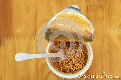 Top view of cup of instant noodle ready to eat, it is convenient and delicious food Stock Photo