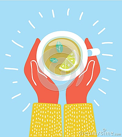 Cup of tea in hands. Brewed herbal tea with lemon. Vector Illustration