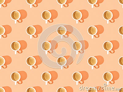 Top view of cups of fresh coffee on orange Stock Photo