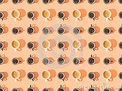 Top view of cups of fresh coffee on orange Stock Photo