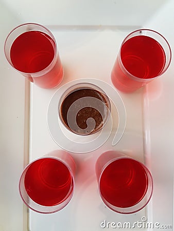 Top view of Cups with jelly and chocolate mousse Stock Photo