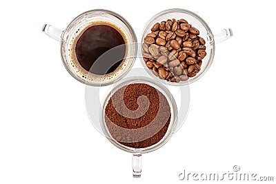 Top view, cups with made coffee, whole coffee beans and ground coffee Stock Photo