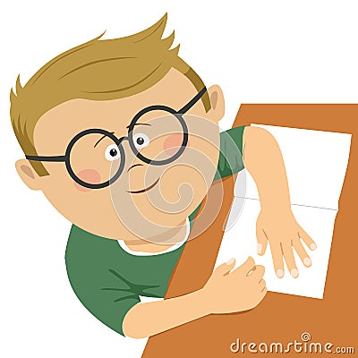 Top view of cute little nerd boy with glasses doing his homework Vector Illustration