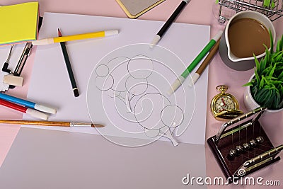 Top view of the cutting paper illustration a trees on a pink table Cartoon Illustration