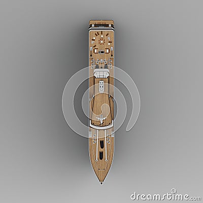 Top view of a 3D rendering of a yacht isolated on a grey background. Stock Photo