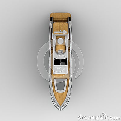 Top view of a 3D rendering of a yacht isolated on a grey background. Stock Photo