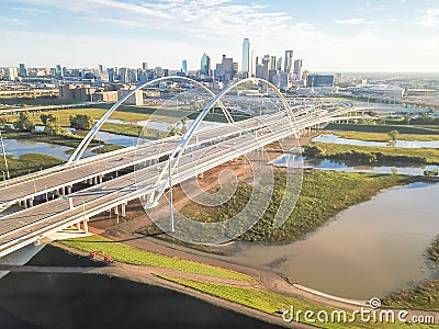 Top view Dallas landmark bridge Margaret McDermott on overflow Trinity River and downtown towers Editorial Stock Photo