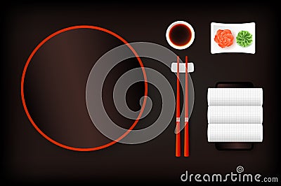 Top View Of Dark Brown Empty Sushi Plate With Saucer, Ginger, Wasabi, Towel And Chopsticks. Vector Template, Food Design Vector Illustration