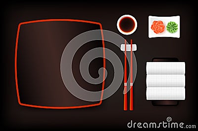 Top View Of Dark Brown Empty Sushi Plate With Saucer, Ginger, Wasabi, Towel And Chopsticks. Vector Template, Food Design Vector Illustration