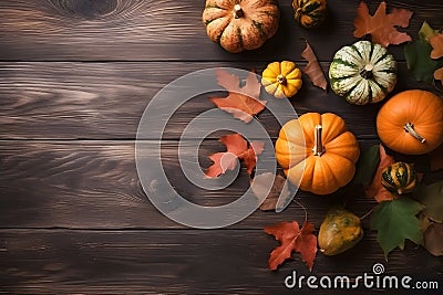 Halloween or Thanksgiving decor on dark wooden background. Generative AI Stock Photo