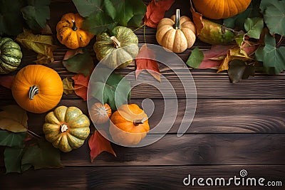 Halloween or Thanksgiving decor on dark wooden background. Generative AI Stock Photo