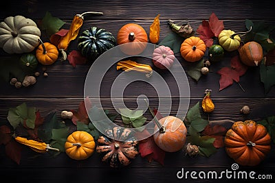 Halloween or Thanksgiving decor on dark wooden background. Generative AI Stock Photo