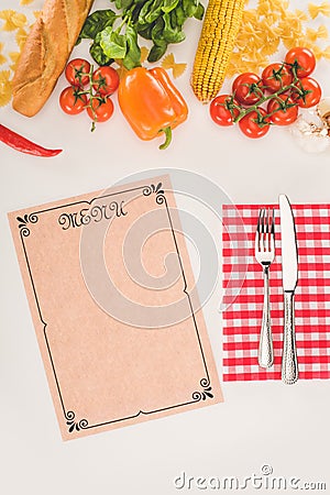 top view of decorative blank menu, cutlery and ingredients Stock Photo