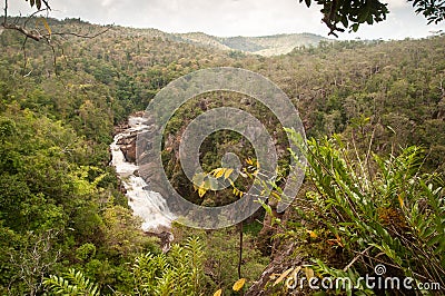 Top view, the defile of Tad Huang Waterfall river viewed. The properties of the two countries. Thai-Laos border. Na Haeo, Loei, Stock Photo