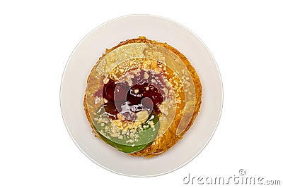 Top view of delicious homemade mixed fruit danish in white ceramic dish Stock Photo