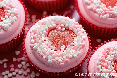 Top view of delicious pink cupcakes with sprinkles and icing in the shape of a heart. Valentine's Day dessert to share Stock Photo