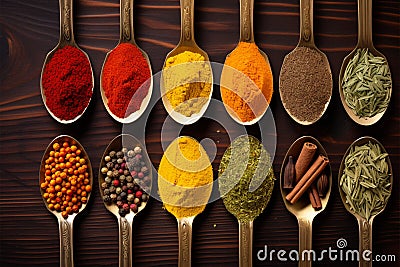 Top view delight Set of spices in spoons, flavorful seasonings Stock Photo