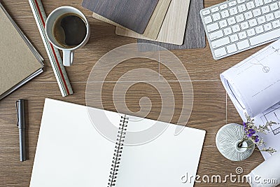 Top View of Designer Desktop, Architect Stuff on Wood Background Stock Photo