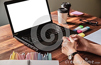 Top view.Designer in Scottish shirt, Graphic creative holding Mouse pen and working on laptop in office,Sunset background, Cartoon Illustration