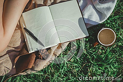 Top view diary and pen lying on a blanket, on green grass with a cup of coffee. Stock Photo