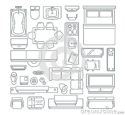 Top view of different furniture set for layout of the apartment. Vector mono line pictures set Vector Illustration