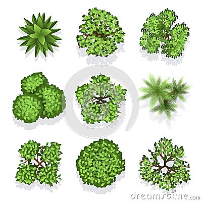 Top view different plants and trees vector set for architectural or landscape design Vector Illustration