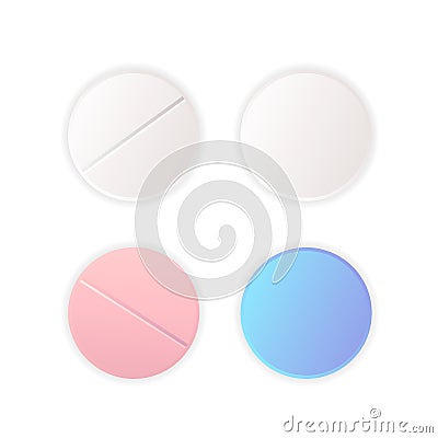 Top view on different round pills, medicaments vector set on white Stock Photo