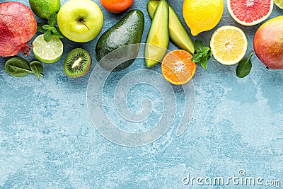 Top view of different selected juicy organic tropical fruits Stock Photo